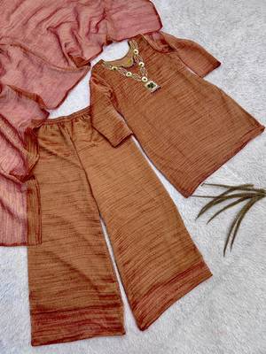 brown color embroidery work with hand-stitched beads and latkan work silk blend kurti palazzo set 3