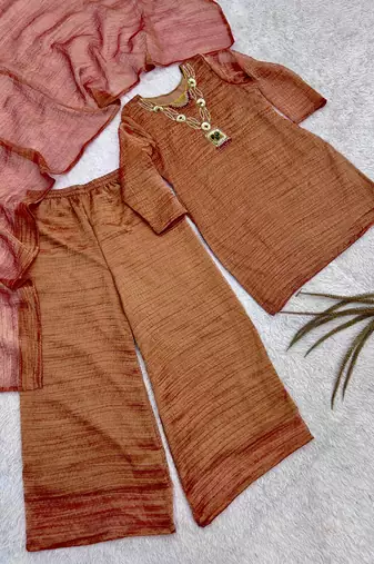 brown color embroidery work with hand-stitched beads and latkan work silk blend kurti palazzo set
