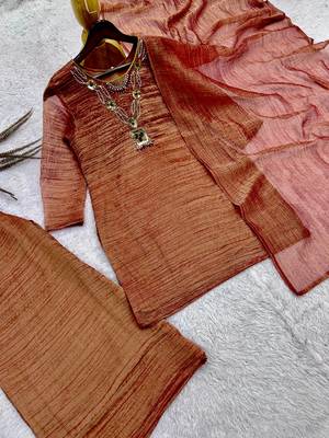 brown color embroidery work with hand-stitched beads and latkan work silk blend kurti palazzo set 4