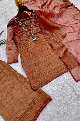 brown color embroidery work with hand-stitched beads and latkan work silk blend kurti palazzo set
