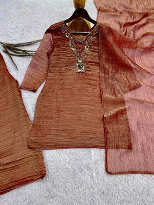 brown color embroidery work with hand-stitched beads and latkan work silk blend kurti palazzo set 5