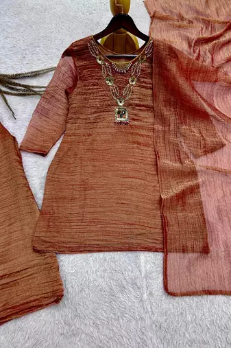 brown color embroidery work with hand-stitched beads and latkan work silk blend kurti palazzo set