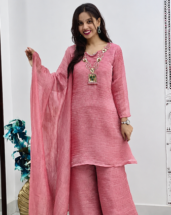 onion pink color embroidery work with hand-stitched beads and latkan work silk blend kurti palazzo set