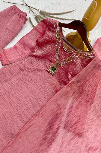 onion pink color embroidery work with hand-stitched beads and latkan work silk blend kurti palazzo set