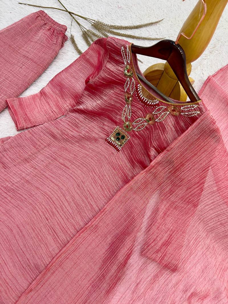 onion pink color embroidery work with hand-stitched beads and latkan work silk blend kurti palazzo set