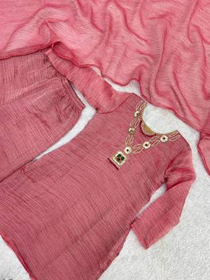 onion pink color embroidery work with hand-stitched beads and latkan work silk blend kurti palazzo set 3