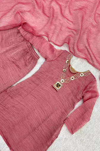onion pink color embroidery work with hand-stitched beads and latkan work silk blend kurti palazzo set