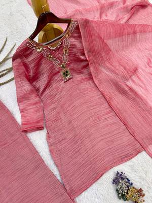 onion pink color embroidery work with hand-stitched beads and latkan work silk blend kurti palazzo set 4