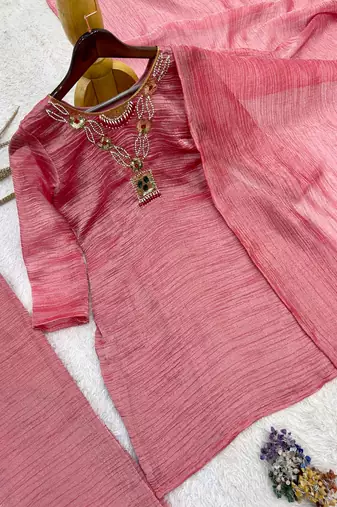 onion pink color embroidery work with hand-stitched beads and latkan work silk blend kurti palazzo set