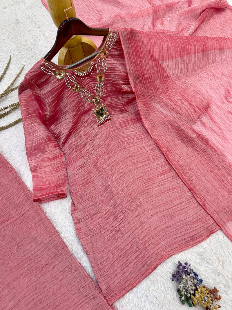 onion pink color embroidery work with hand-stitched beads and latkan work silk blend kurti palazzo set