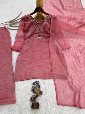 onion pink color embroidery work with hand-stitched beads and latkan work silk blend kurti palazzo set 5