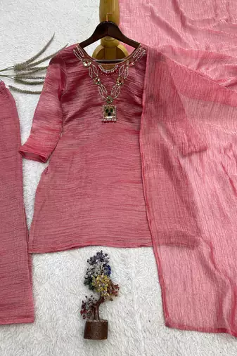 onion pink color embroidery work with hand-stitched beads and latkan work silk blend kurti palazzo set