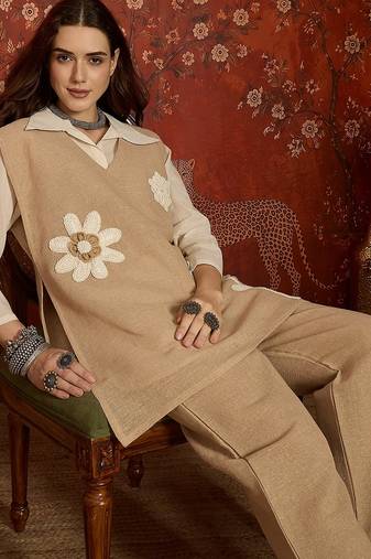 Beige jute cotton patch work co-ord set.