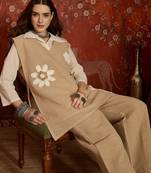 Beige jute cotton patch work co-ord set.