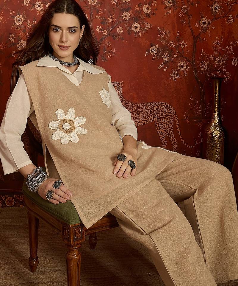 Beige jute cotton patch work co-ord set.
