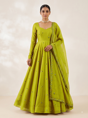 Women's olive green floral embroidered silk anarkali suit set with dupatta 1