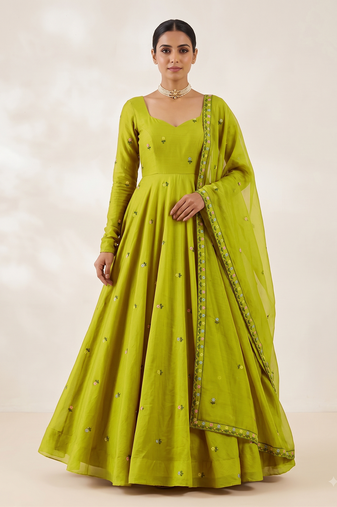 Women's olive green floral embroidered silk anarkali suit set with dupatta