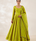 Women's olive green floral embroidered silk anarkali suit set with dupatta