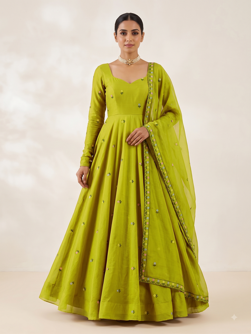 Women's olive green floral embroidered silk anarkali suit set with dupatta
