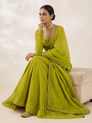 Women's olive green floral embroidered silk anarkali suit set with dupatta 2