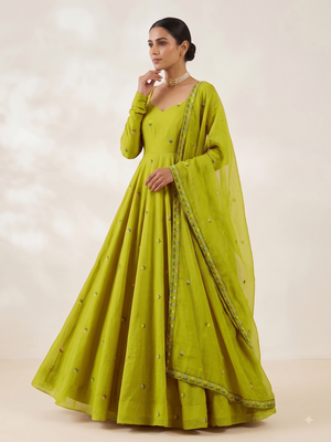 Women's olive green floral embroidered silk anarkali suit set with dupatta 3