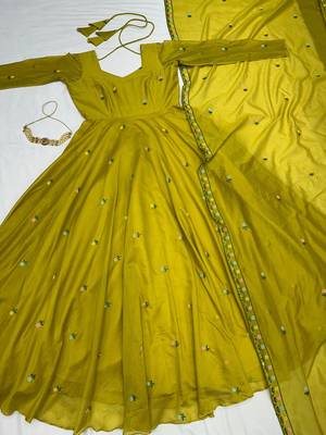 Women's olive green floral embroidered silk anarkali suit set with dupatta 4