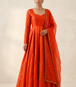 Women's rust orange floral embroidered silk anarkali suit set with dupatta