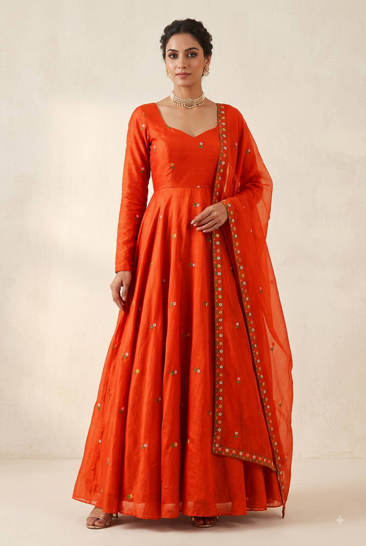 Women's rust orange floral embroidered silk anarkali suit set with dupatta