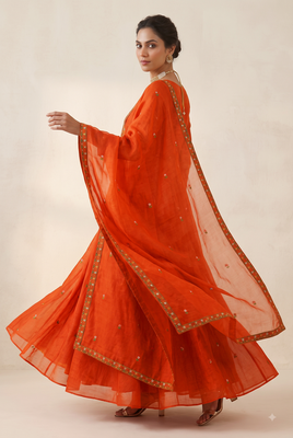 Women's rust orange floral embroidered silk anarkali suit set with dupatta 2