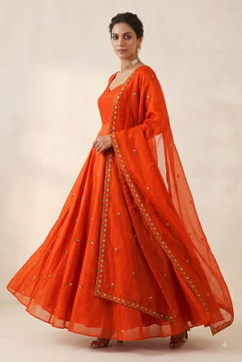 Women's rust orange floral embroidered silk anarkali suit set with dupatta 3
