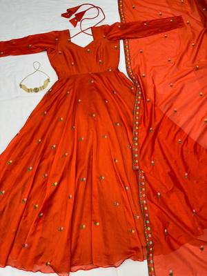 Women's rust orange floral embroidered silk anarkali suit set with dupatta 4
