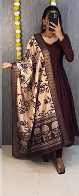 Chocolate brown solid anarkali suit set with contrast kalamkari floral printed dupatta 1