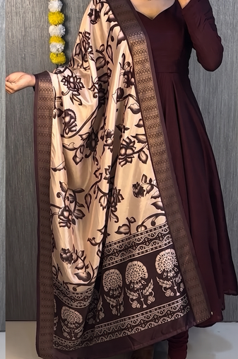 Chocolate brown solid anarkali suit set with contrast kalamkari floral printed dupatta
