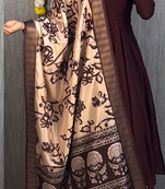 Chocolate brown solid anarkali suit set with contrast kalamkari floral printed dupatta