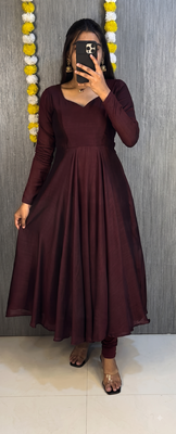 Chocolate brown solid anarkali suit set with contrast kalamkari floral printed dupatta 2