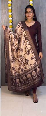 Chocolate brown solid anarkali suit set with contrast kalamkari floral printed dupatta 3