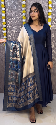 Navy blue colour  solid anarkali suit set with contrast kalamkari floral printed dupatta 1