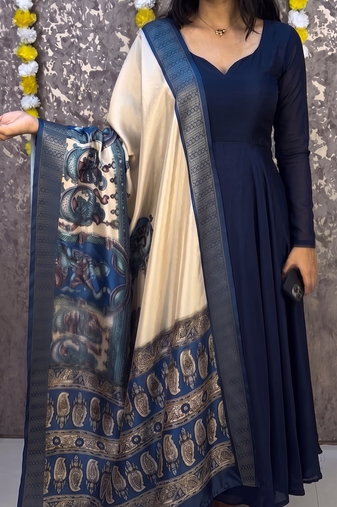 Navy blue colour  solid anarkali suit set with contrast kalamkari floral printed dupatta