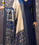 Navy blue colour  solid anarkali suit set with contrast kalamkari floral printed dupatta