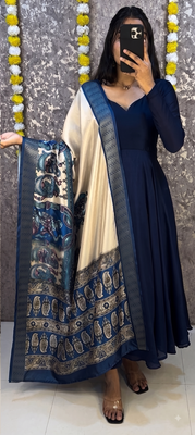 Navy blue colour  solid anarkali suit set with contrast kalamkari floral printed dupatta 3