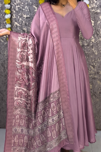 Oniun colour solid anarkali suit set with contrast kalamkari floral printed dupatta
