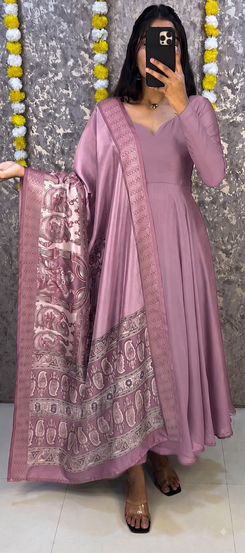 Oniun colour solid anarkali suit set with contrast kalamkari floral printed dupatta