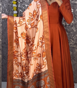 Orange colour solid anarkali suit set with contrast kalamkari floral printed dupatta