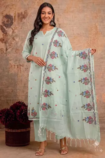 Light green kota doria 3pcs unstiched dress material with beautiful floral embroidery work .
