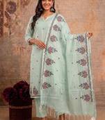 Light green kota doria 3pcs unstiched dress material with beautiful floral embroidery work .