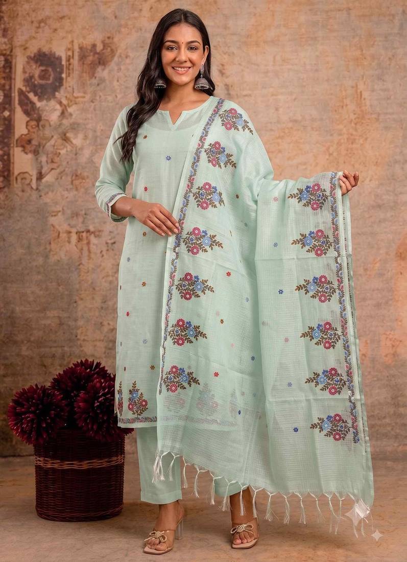 Light green kota doria 3pcs unstiched dress material with beautiful floral embroidery work .