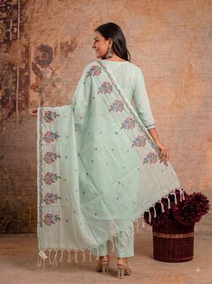 Light green kota doria 3pcs unstiched dress material with beautiful floral embroidery work . 2