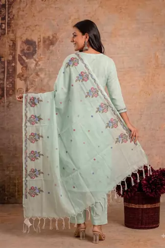 Light green kota doria 3pcs unstiched dress material with beautiful floral embroidery work .