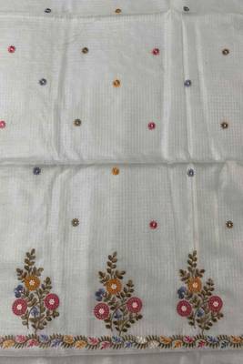 Light green kota doria 3pcs unstiched dress material with beautiful floral embroidery work . 3
