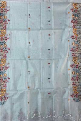 Light green kota doria 3pcs unstiched dress material with beautiful floral embroidery work . 4
